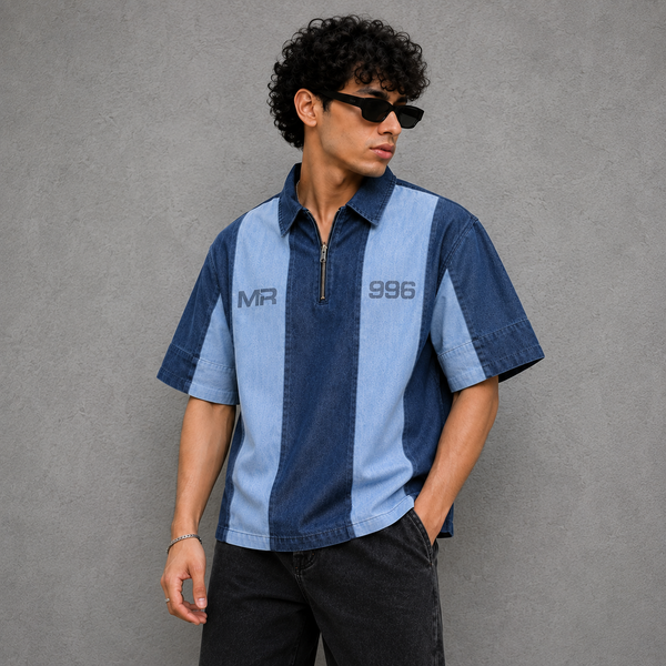 Blue Light Blue Panel High-Collar T-Shirt