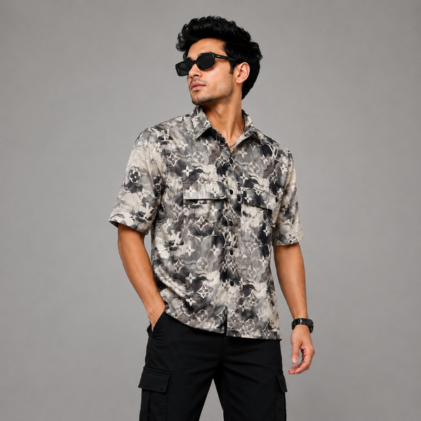 Grey Cream Brown Utility-Pattern Five-Sleeve Shirt