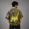 Olive Green Acid-Wash Yellow Graphic Five-Sleeve T-Shirt