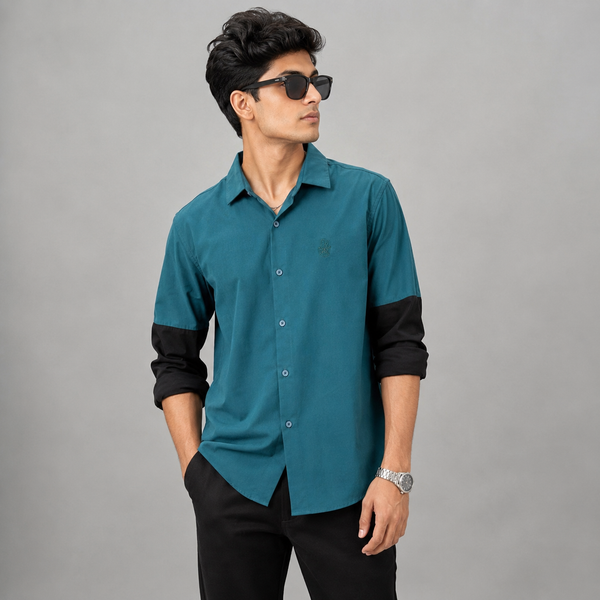 Teal Black Color-Block Full-Sleeve Shirt