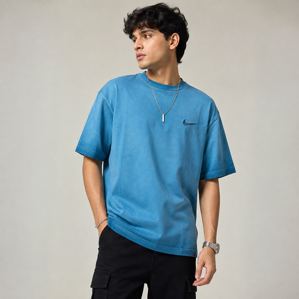 Washed Blue Embroidery Five-Sleeve T-Shirt