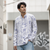 Light Blue White Block-Print Band-Collar Shirt