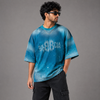 Teal Washed Paint-Splatter Graphic Five-Sleeve T-Shirt