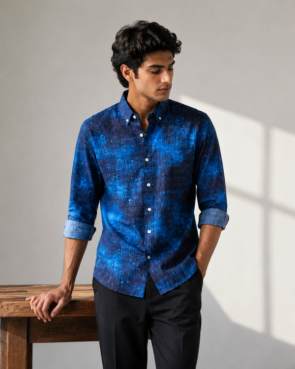 Blue Black Abstract Galaxy-Pattern Full-Sleeve Shirt