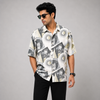 Olive Green Geometric Retro-Print Five-Sleeve Shirt