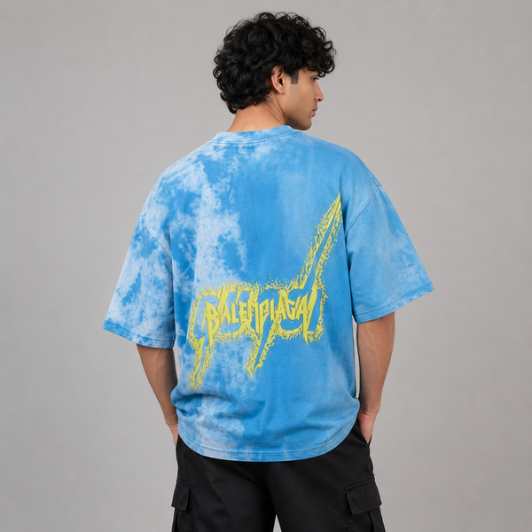 Blue White Tie-Dye Yellow Graffiti Five-Sleeve T-Shirt