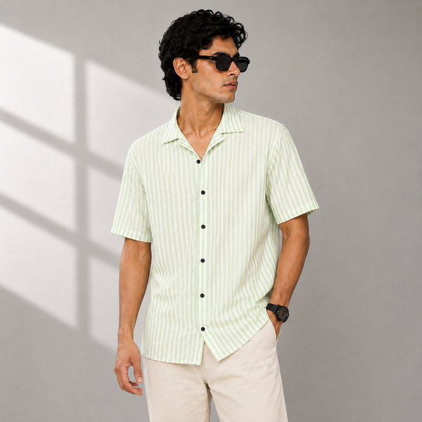 Light Green White Stripe Five-Sleeve Shirt