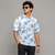 Light Blue White Abstract-Print Five-Sleeve Shirt