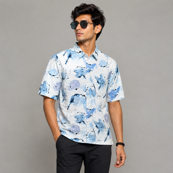 Light Blue White Abstract-Print Five-Sleeve Shirt