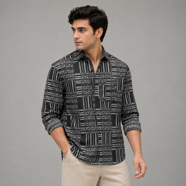 Black White Geometric Patchwork Full-Sleeve Shirt