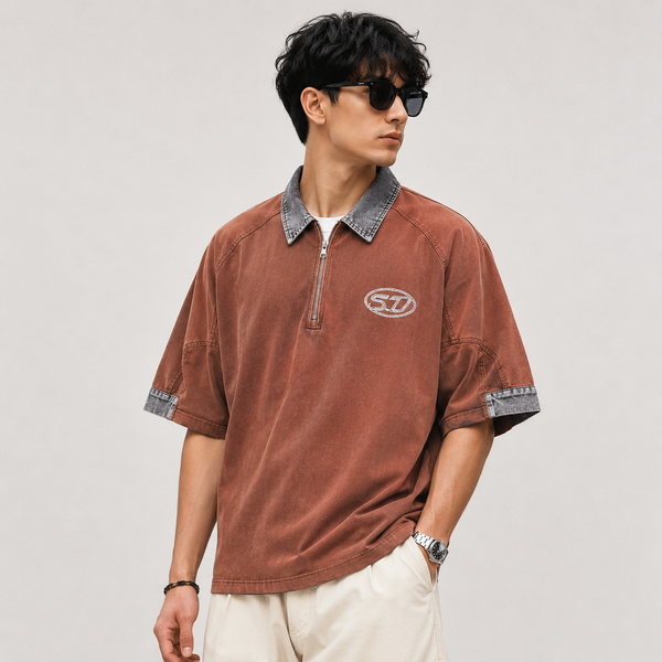 Brown Grey Collar Quarter-Zip T-Shirt