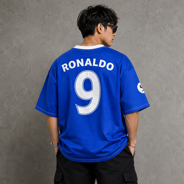 Blue White Ronaldo Number 9 Football Graphic Five-Sleeve T-Shirt