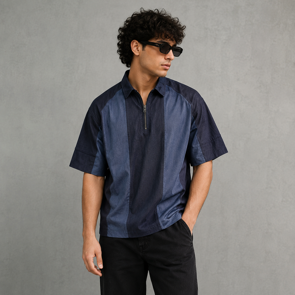 Denim Collar Five-Sleeve T-Shirt