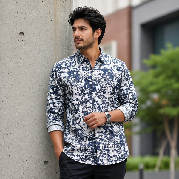 Blue White Abstract Marble Full-Sleeve Shirt
