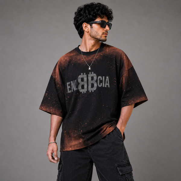 Dark Rust Orange Acid-Wash Five-Sleeve T-Shirt