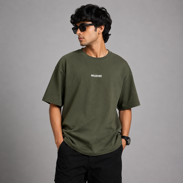 Olive Green Fiery Graphic Five-Sleeve T-Shirt
